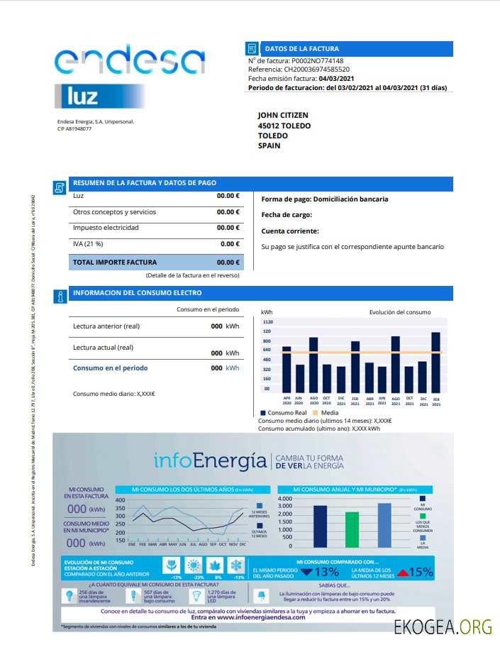 Spain Endesa luz utility bill template in Word and PDF format